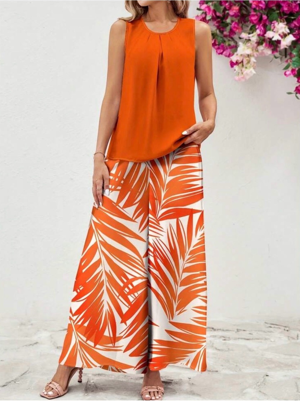 New Arrivals! Sleeveless Orange Palm-Print 2 PC Set